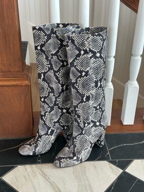 J. Crew Black and Gray Snake-Print Knee Boots